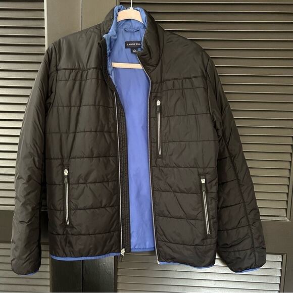 Lands’ End Men’s Black and Blue Zip-Up Puffer Jacket, Size Small 34-36 - Picture 2 of 13